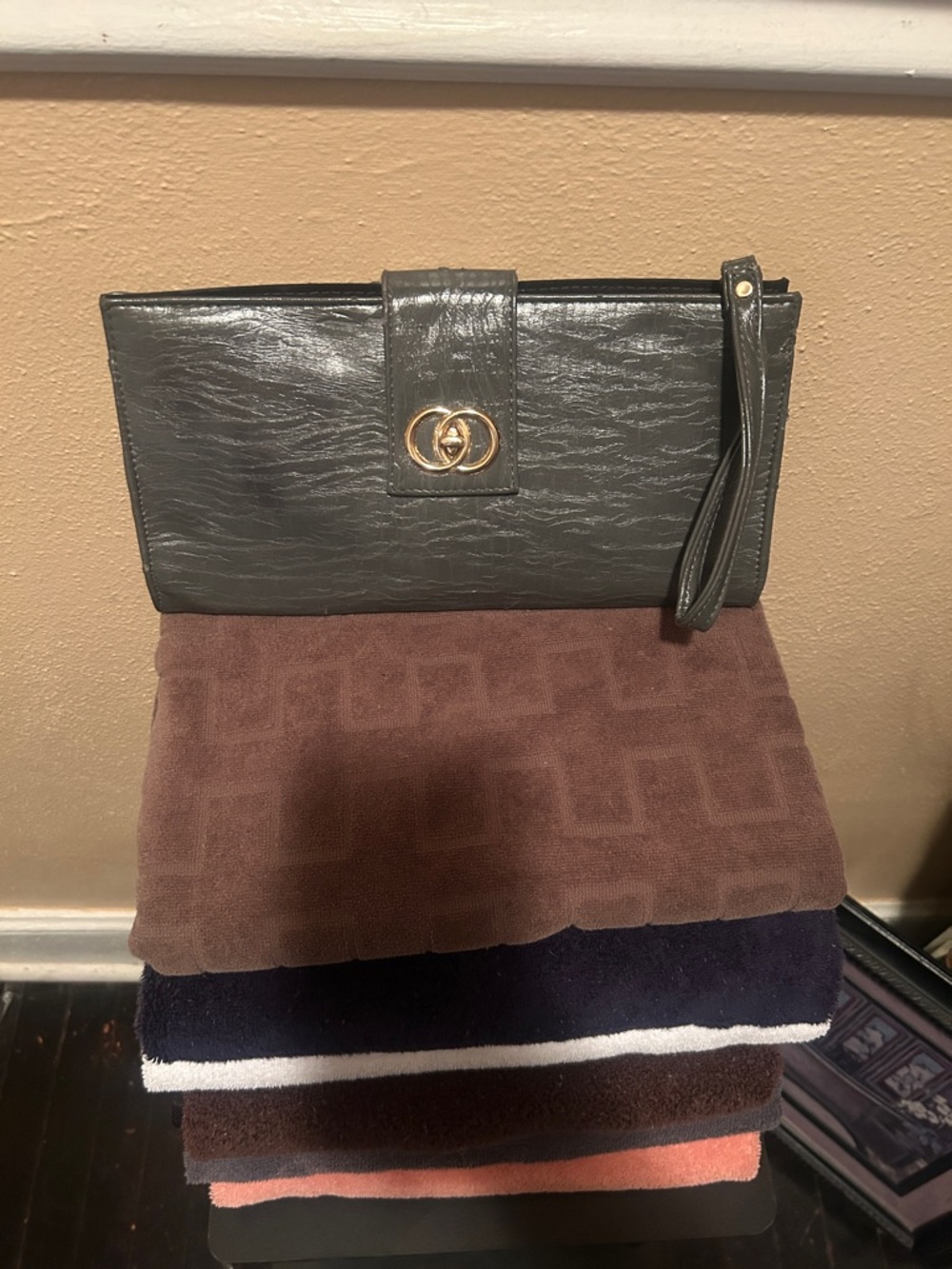 Wristlet Clutch in Dark Green with Gold Accent